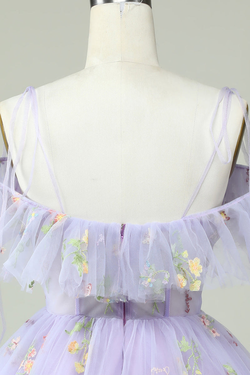 Indlæs billede til gallerivisning Lavendel fra skulderen korset hjemkomstkjole med flæser