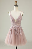 A Line Spaghetti Straps Light Purple Short Homecoming Dress med applikationer