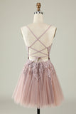 A Line Spaghetti Straps Light Purple Short Homecoming Dress med applikationer