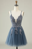 A Line Spaghetti Straps Light Purple Short Homecoming Dress med applikationer