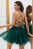 Indlæs billede til gallerivisning A Line Spaghetti Straps Mørkegrøn Kort Homecoming Kjole med applikationer