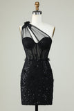 Bodycon One Shoulder Black Corset Homecoming Kjole med applikationer