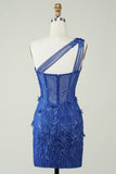 Unik kappe One Shoulder Royal Blue Kort Homecoming Kjole med applikationer