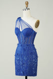 Unik kappe One Shoulder Royal Blue Kort Homecoming Kjole med applikationer