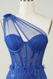 Unik kappe One Shoulder Royal Blue Kort Homecoming Kjole med applikationer