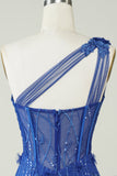 Unik kappe One Shoulder Royal Blue Kort Homecoming Kjole med applikationer