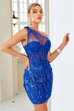 Bodycon One Shoulder Black Corset Homecoming Kjole med applikationer