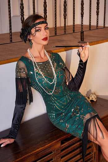 Pailletter mørkegrøn brølende 20'er stor Gatsby frynsede flapper kjole med ærme