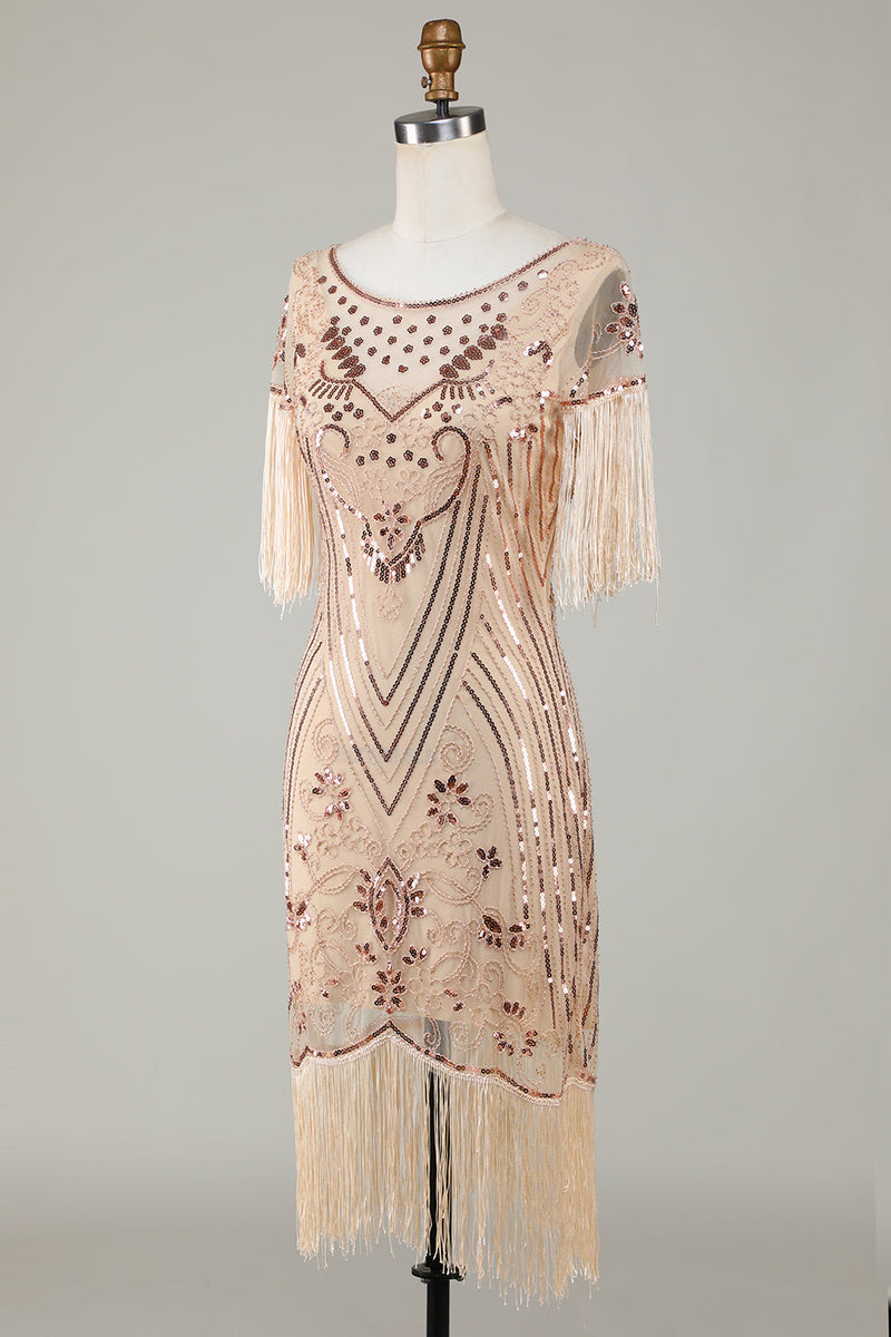 Indlæs billede til gallerivisning Bådhalspailletter Champagne Brølende 20&#39;erne Gatsby frynsede flapper kjole