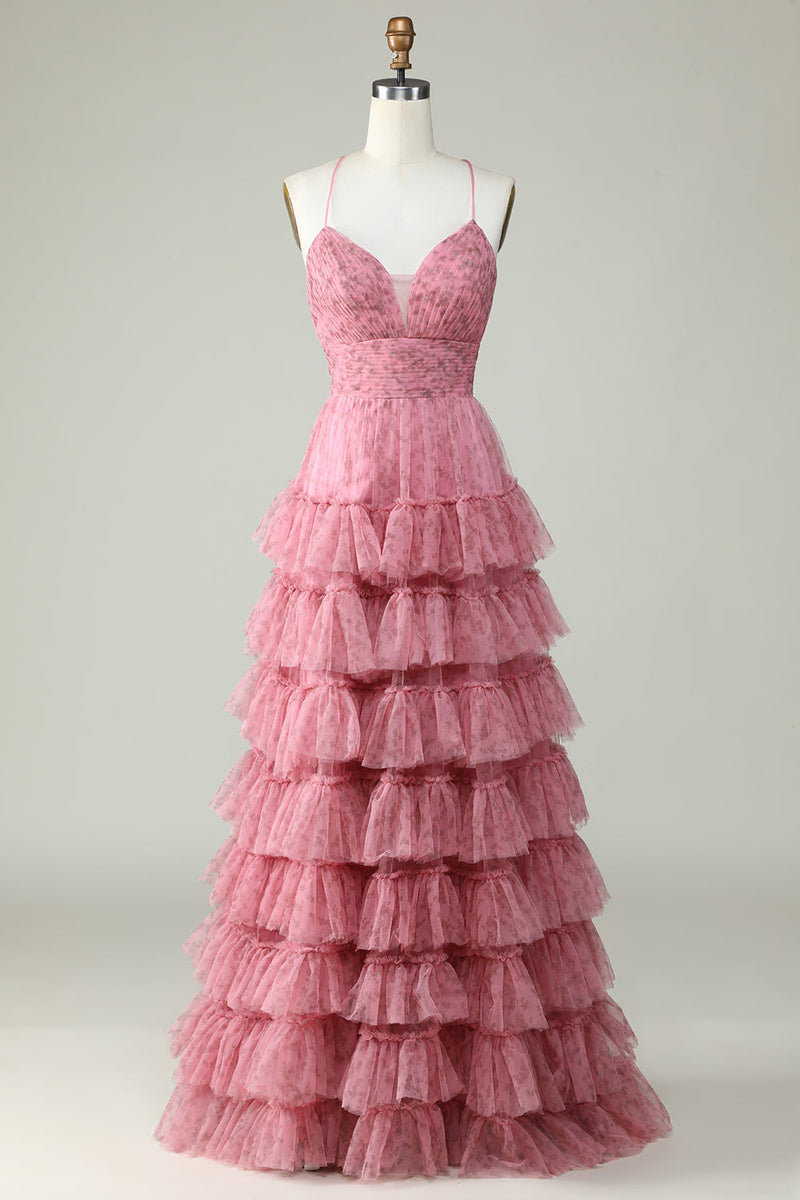Indlæs billede til gallerivisning A Line Spaghetti Straps Layered Pink Tulle Prom Dress med blomsterprint