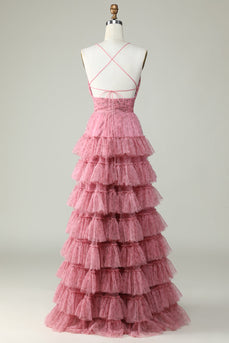 A Line Spaghetti Straps Layered Pink Tulle Prom Dress med blomsterprint