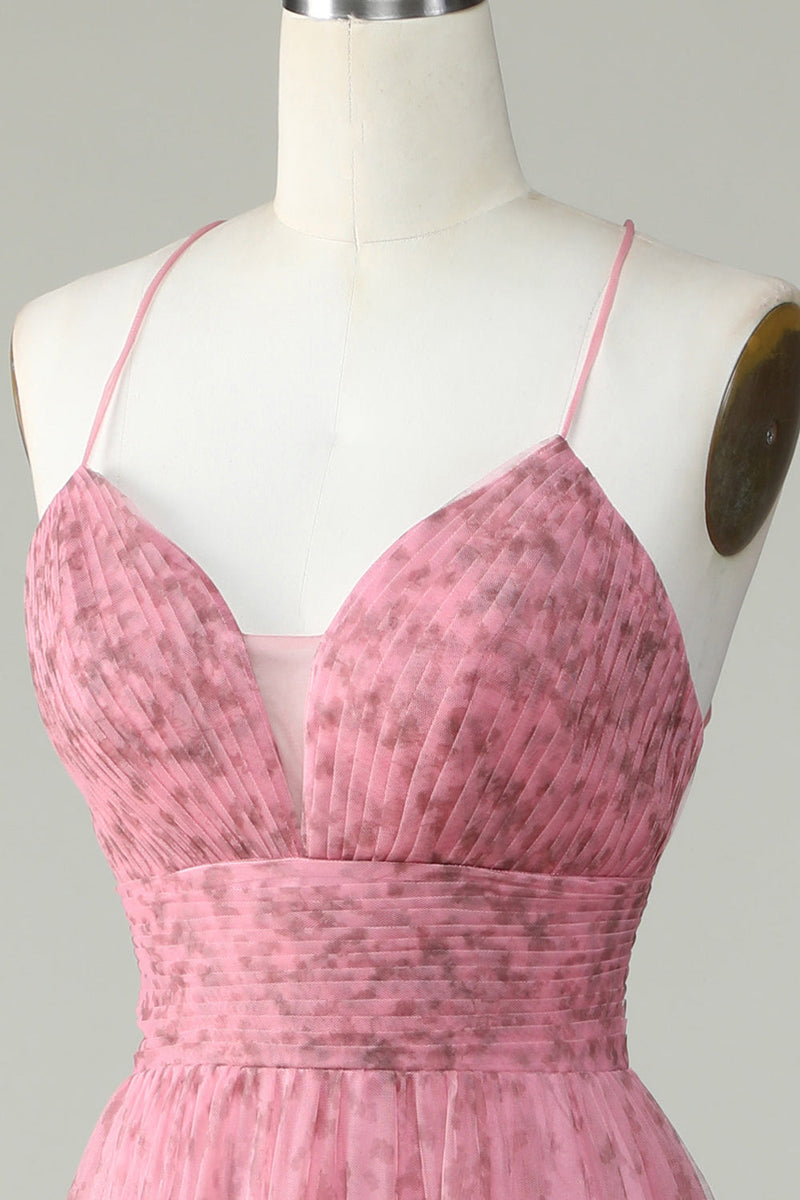 Indlæs billede til gallerivisning A Line Spaghetti Straps Layered Pink Tulle Prom Dress med blomsterprint