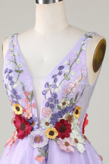 En linje dyb V hals åben ryg lilla hjemkomst kjole med 3D blomster