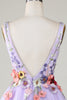Indlæs billede til gallerivisning En linje dyb V hals åben ryg lilla hjemkomst kjole med 3D blomster