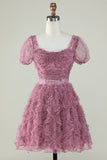 Gorgeous A Line Floral Dusty Rose Homecoming Dress med flæser