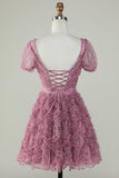 Gorgeous A Line Floral Dusty Rose Homecoming Dress med flæser