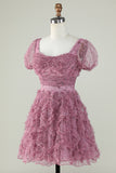 Gorgeous A Line Floral Dusty Rose Homecoming Dress med flæser