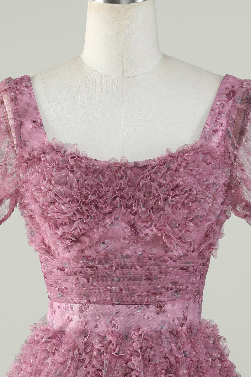 Indlæs billede til gallerivisning Gorgeous A Line Floral Dusty Rose Homecoming Dress med flæser