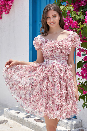 Gorgeous A Line Floral Dusty Rose Homecoming Dress med flæser