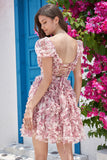 Gorgeous A Line Floral Dusty Rose Homecoming Dress med flæser