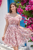 Gorgeous A Line Floral Dusty Rose Homecoming Dress med flæser