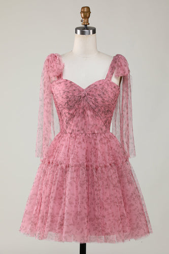 Blush trykt A-Line kort tyl homecoming kjole