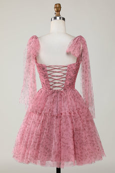Blush trykt A-Line kort tyl homecoming kjole