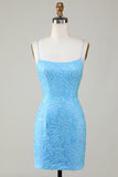 Sparkly Blue Beaded Stram kort Homecoming Dress