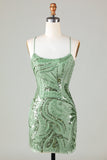 Sparkly Sheath Spaghetti Straps Green Short Homecoming Dress med Criss Cross Back