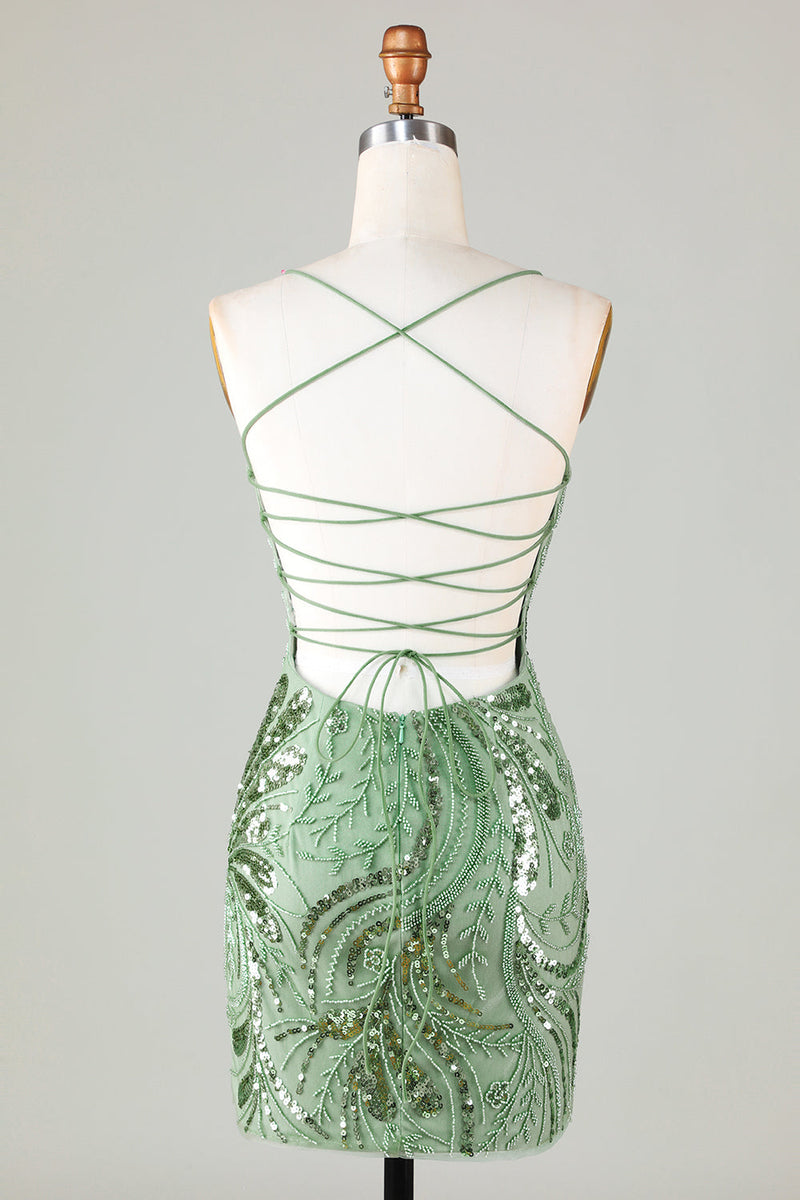 Indlæs billede til gallerivisning Sparkly Sheath Spaghetti Straps Green Short Homecoming Dress med Criss Cross Back