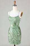 Sparkly Sheath Spaghetti Straps Green Short Homecoming Dress med Criss Cross Back