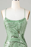 Sparkly Sheath Spaghetti Straps Green Short Homecoming Dress med Criss Cross Back