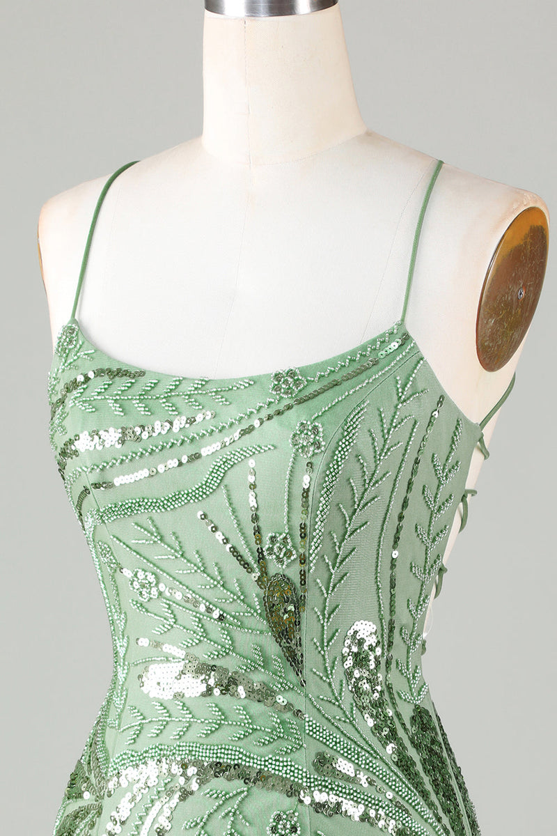 Indlæs billede til gallerivisning Sparkly Sheath Spaghetti Straps Green Short Homecoming Dress med Criss Cross Back