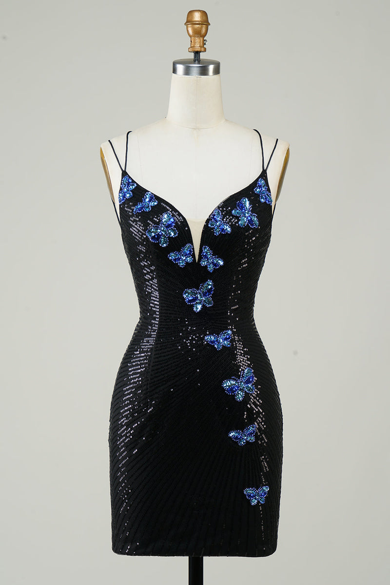 Indlæs billede til gallerivisning Sort Glitter Tight Homecoming Dress med pailletter sommerfugle