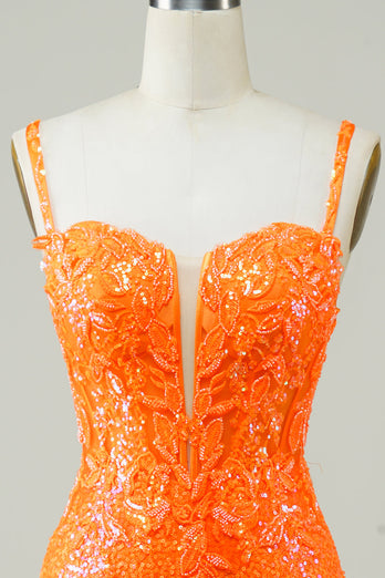 Glitter orange stram homecoming kjole med perler
