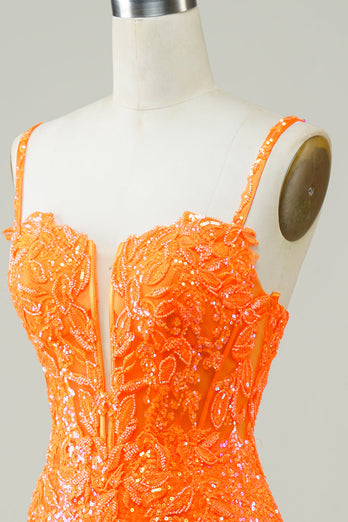 Glitter orange stram homecoming kjole med perler