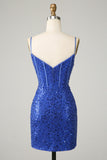 Royal Blue Bodycon Sparkly Spaghetti Straps Homecoming Kjole