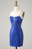 Royal Blue Bodycon Sparkly Spaghetti Straps Homecoming Kjole