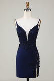 Sparkly Navy Corset Stram kort hjemkomstkjole med blonder