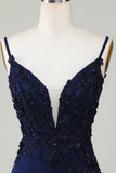 Sparkly Navy Corset Stram kort hjemkomstkjole med blonder