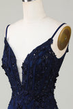 Sparkly Navy Corset Stram kort hjemkomstkjole med blonder