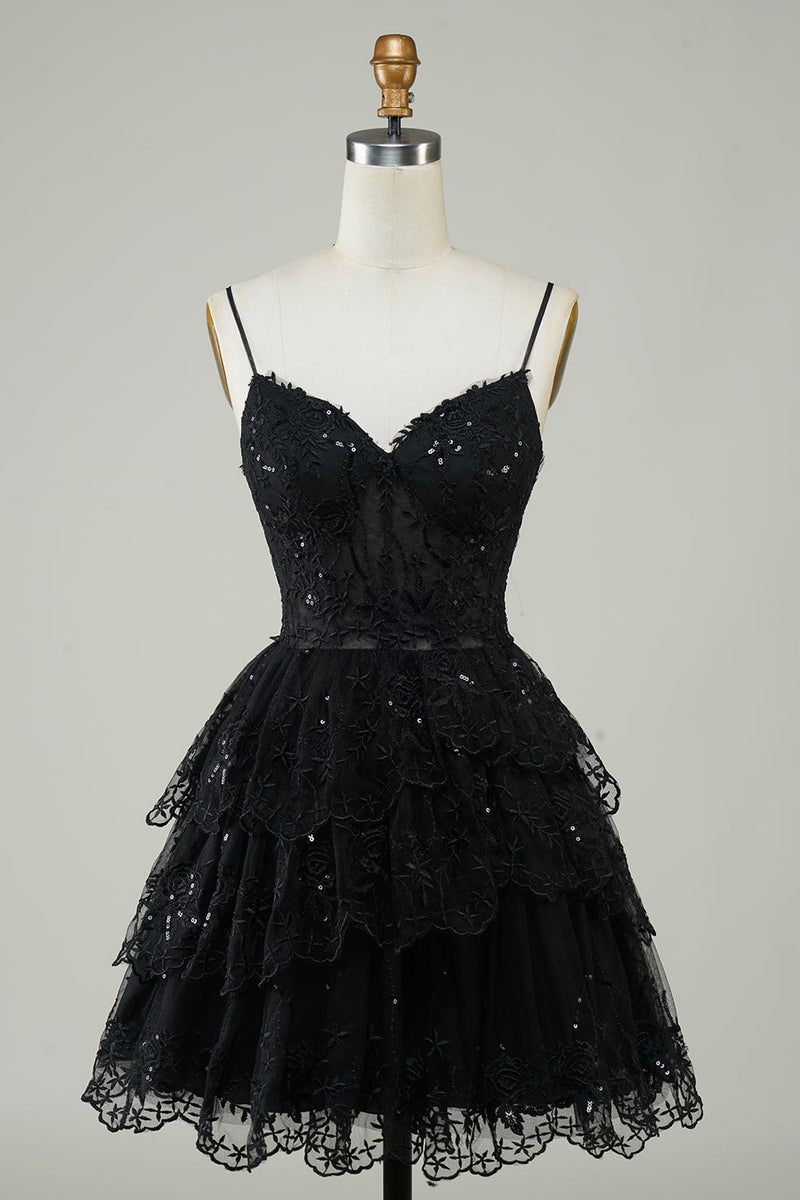 Indlæs billede til gallerivisning Gorgeous A Line Spaghetti Straps Black Sparkly Corset Homecoming Dress