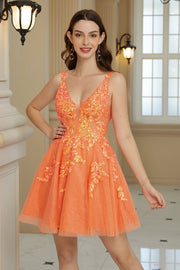 Orange A Line Glitter Homecoming Kjole med pailletter