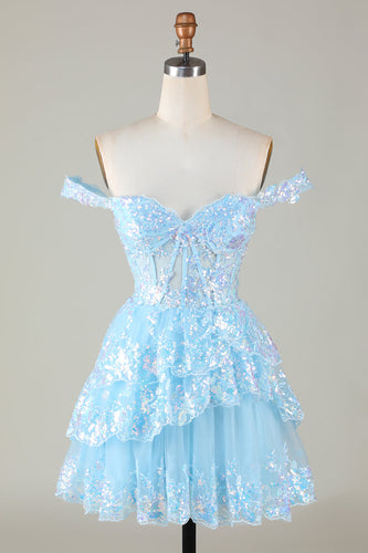 Sparkly Blue Corset Tiered Lace A-Line Kort Homecoming Kjole