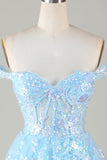 Sparkly Blue Corset Tiered Lace A-Line Kort Homecoming Kjole