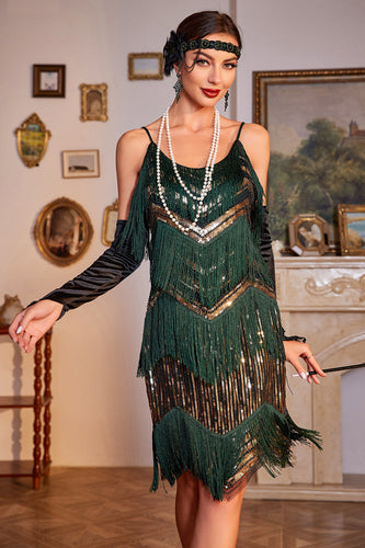 Spaghetti stropper mørkegrøn glitter 1920'erne Flapper kjole med frynser