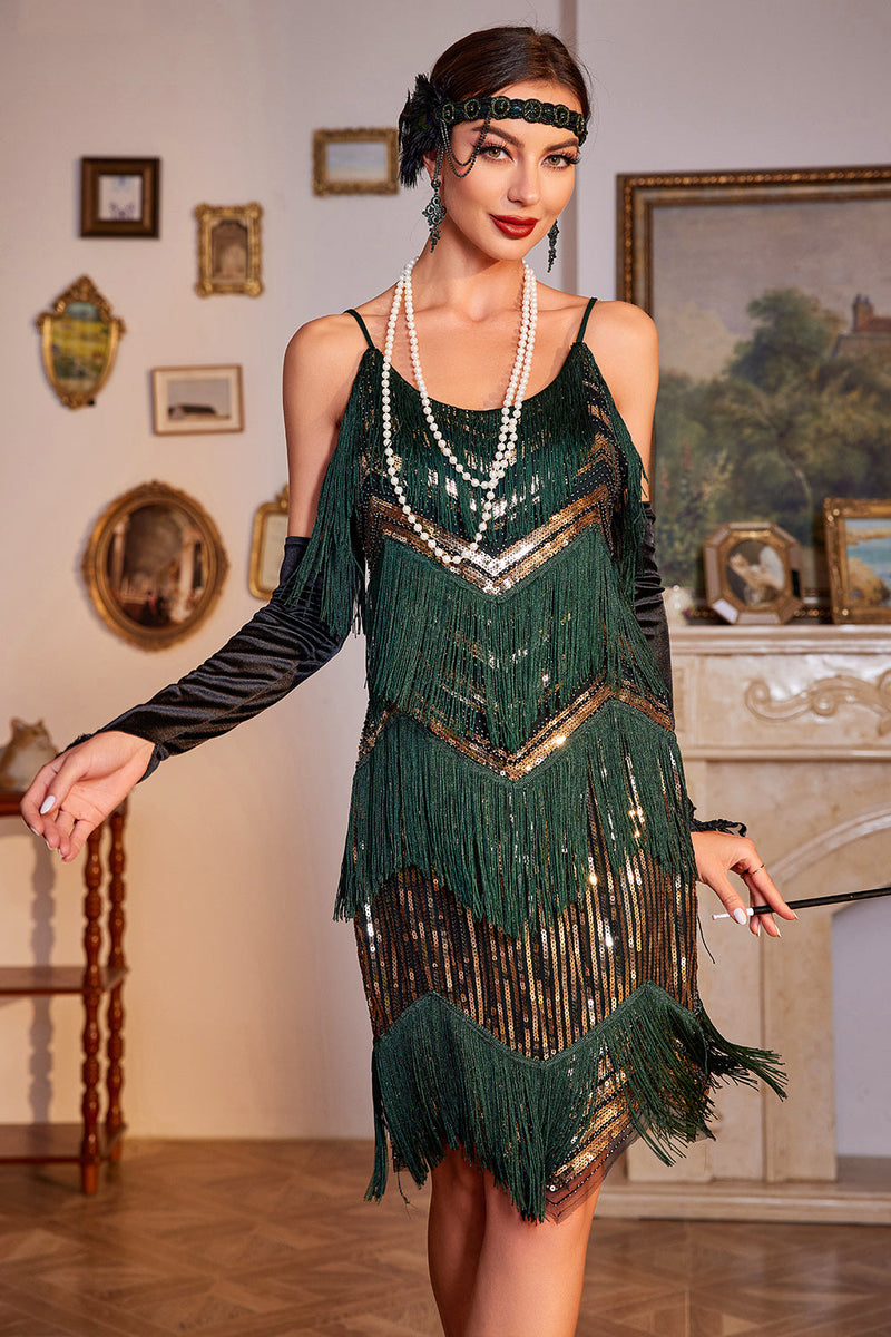 Indlæs billede til gallerivisning Spaghetti stropper mørkegrøn glitter 1920&#39;erne Flapper kjole med frynser
