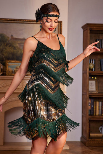 Spaghetti stropper mørkegrøn glitter 1920'erne Flapper kjole med frynser