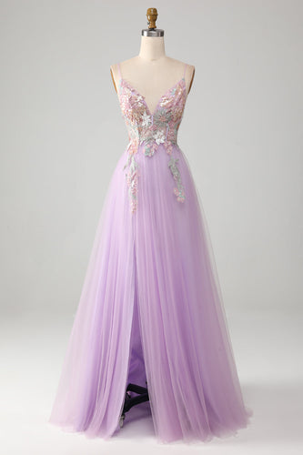 Glitter A-Line Spaghetti Straps Lilac Lang gallakjole med blomster