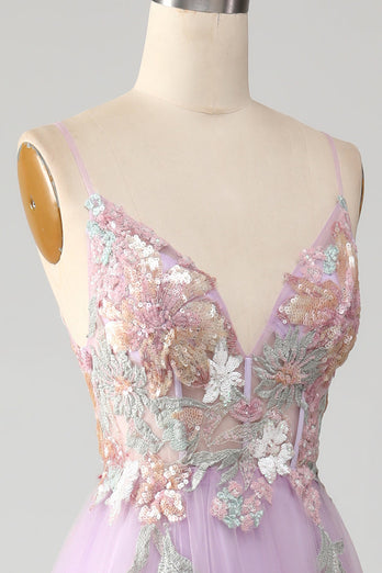Glitter A-Line Spaghetti Straps Lilac Lang gallakjole med blomster